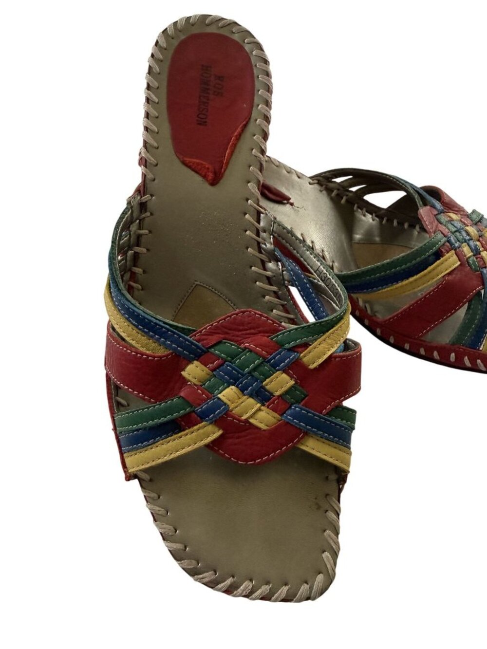 Ros Hommerson Women’s Multicolor Leather Woven Wedge Slide Sandals Boho Festival